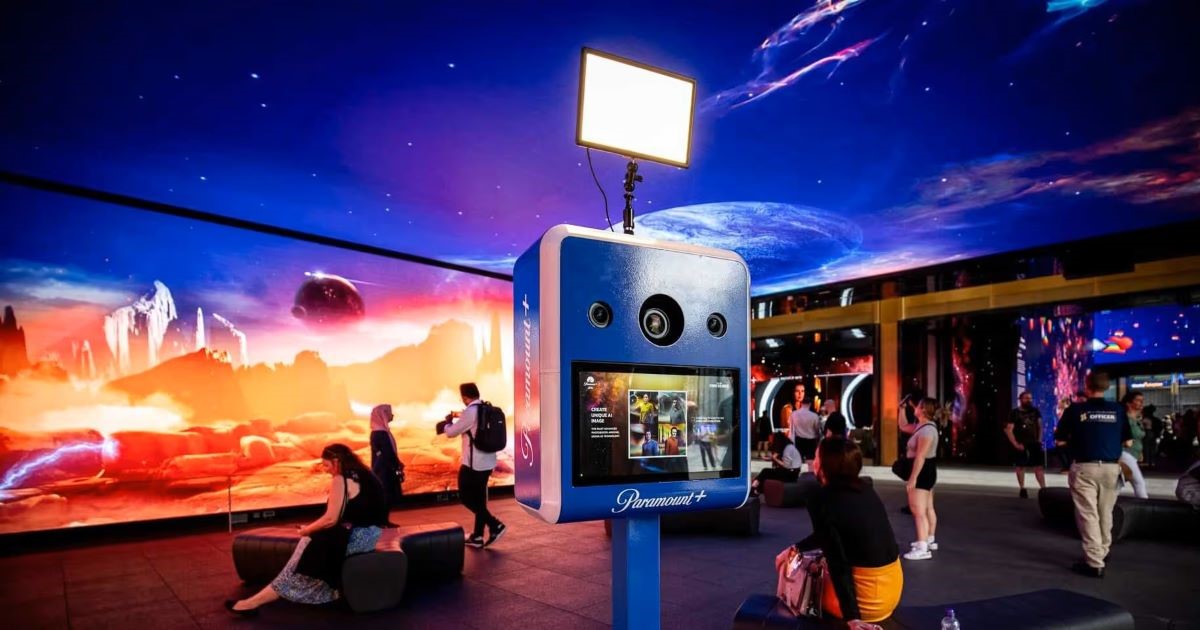 A guest photographed at a Snapmatic AI photo booth activation